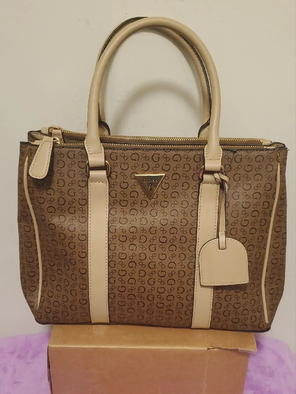 GUESS Brown Monogram Satchel with Cream Trim and Gold Hardware